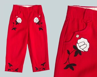 Vintage 1950s Pants | 50s Western Rose Embroidered Red Cotton Capri Pants Pearl Snap High Waist Rodeo Ranch Cowgirl (xs/petite/girls)
