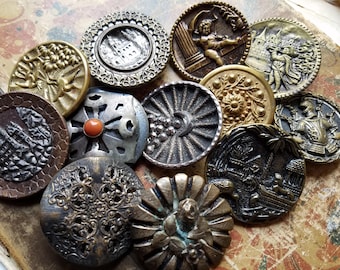 TWELVE (12) Large, Antique, Metal, Victorian Picture Buttons Other. Some wear and age.