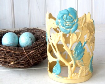 Vintage Painted Metal Candleholder Blue and Yellow Roses Motif Made in Taiwan
