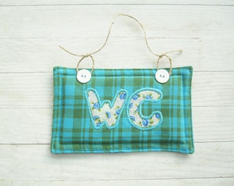 Sign WC toilet loo lavatory bathroom closet soft checks turquoise green plaid blue roses mola letters sisal loop housewarming hostess gift