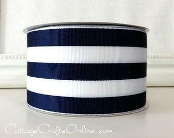 Wired Ribbon, 2 1/2" , Navy Blue and White Stripe - TWENTY FIVE YARD Roll - Offray "Carnival", Grosgrain Style Nautical Wire Edged Ribbon