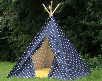 Kids Teepee READY TO SHIP Navy Dot, Two Sizes Available, Play Tent, Tee Pee, Tent, Can Include Window