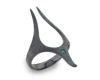 ANUBIS Black Silver Ring, Emerald Ring, Egyptian Jewelry, Edgy Alternative Engagement Ring, Unique Mens Ring, Black Ring, Mothers Day Gift