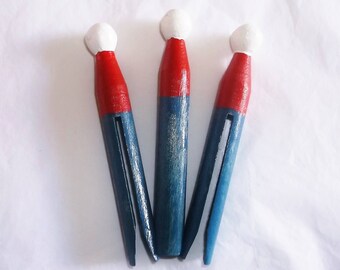 3 Red White & Blue wooden Clothespins • patriotic decor