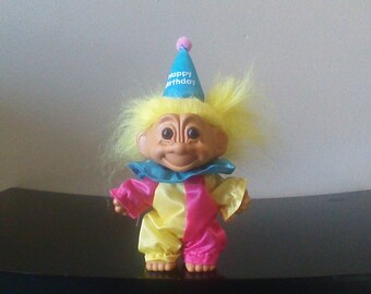 Vintage Russ Troll Doll Happy Birthday Clown Yellow Hair Trolls 5"