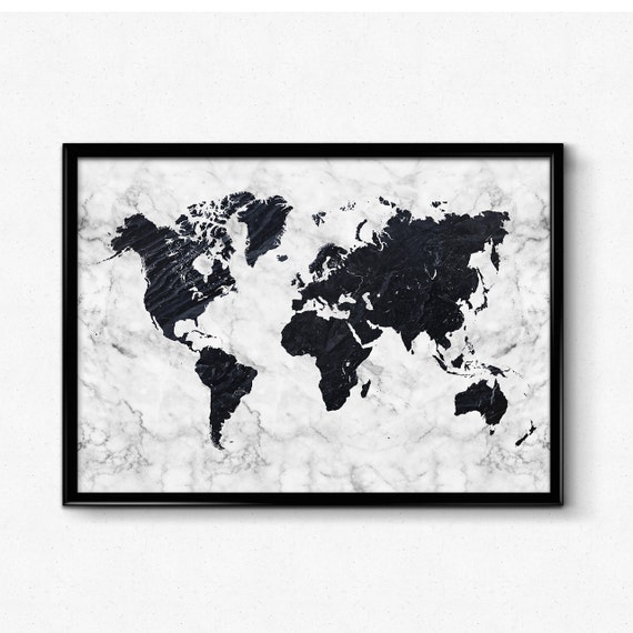 marble world map poster black and white marble art map art
