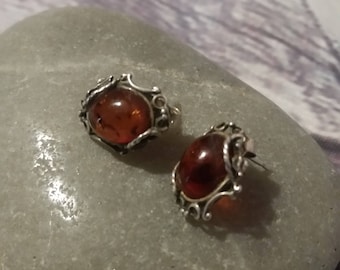 Baltic Amber Earrings,Vintage Style,Cognac, Silver 925