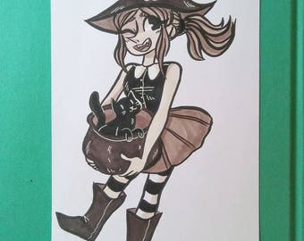 Original Halloween inktober Cute Witch with cat familiar drawing