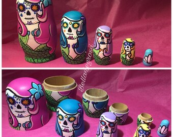 Sugar Skull Mermaid Nesting Dolls