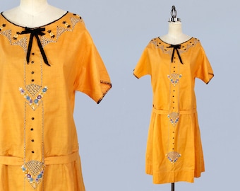1920s Dress / 20s Orange Embroidered Cotton Day Dress / L