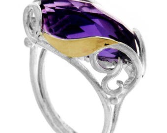 Silver and Gold ring, Amethyst CZ Ring, Womens silver ring, Unique silver ring, handmade