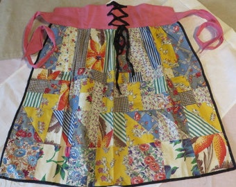 Apron Pieced Like a Quilt Top w/ Laced Waist Multi Colors // Half Apron // Nice Quality Polished Cottons 1930s and 40s Fabrics