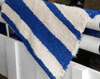 Blue rug, white rug, Bathroom rug, area rug, Nautical rug, Washable cotton rug, Upcycled