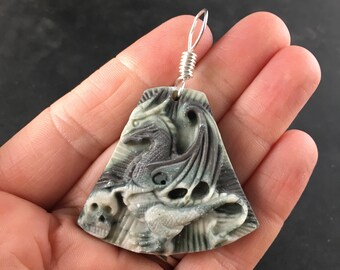 Dragon and Skull Jewelry Necklace Pendant Carved Ribbon Jasper Stone