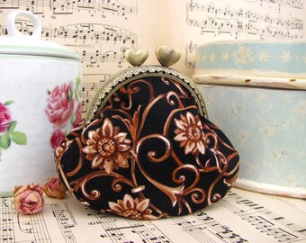Coin purse clutch in black with twirls and flowers, kiss lock purse