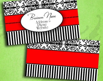 Elegant Red Black & White Damask Business Card Template Digital INSTANT DOWNLOAD 3.5 x 2 Inches Calling Card (BC20)