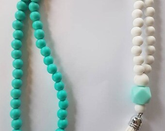 Teal and White Tassel Necklace