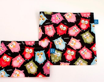 Reuseable Eco-Friendly Set of Snack and Sandwich Bags in Sleepy Owls Fabric