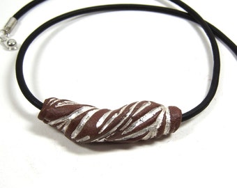 Hand Formed Earthenware and Silver PMC Focal Bead Necklace on Black Leather Cord, Silver Tone Trailer Hitch Closure