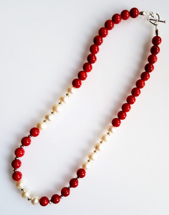 Red Coral Necklace, Coral Necklace, Pearl Necklace, Red Necklace, White Necklace