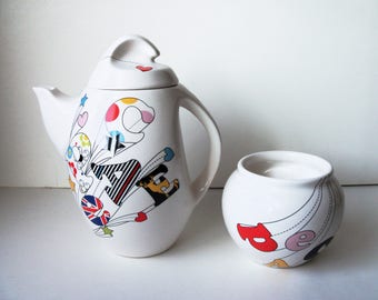 Stylish porcelain "Peace" tea/coffee pot and sugar bowl (#EV244)
