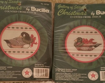 Vintage, Counted Cross Stitch, Christmas, Goose, Duck, Bucilla, 32759, 32760, Hoop, Cross Stitch, Kit, Gallery of Stitches, unopened