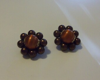 Mid-Century Cluster Earrings: Burnt Sienna and Purple Moonglow Lucite Beads - JAPAN