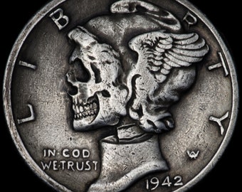 Hand Carved Silver Mercury Dime coin human SKULL - Hobo nickel by Seth Basista SB carvings engraved sculpted