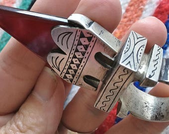 Large Tuareg SILVER Ring with Agate Telhakimt, Inner diam. 2 cm, US size: 10 1/2, Incl. Tuareg Leather Cord