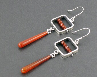 Carnelian Pinned Earrings, red silver, sterling silver, dangle earrings, carnelian earrings, pinned earrings, silver earrings, michele grady
