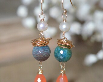 Carnelian, Freshwater Pearl and Agate Dangle Earrings