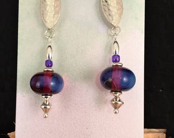 Earrings, glass beads, lampwork, Sterling silver, silver, purple, blue, seed bead, original, handmade, gift, Sassy Shack Designs