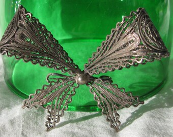 Unique Vintage Cannetille Filigree Wrapped Bow Brooch, Large, 2.25", Unmarked Pewter ?