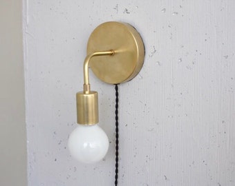 Plug in wall sconce • Roy • Brass Sconce • Bedside light • Mid century modern • bare bulb • dimmable lamp