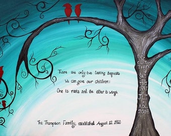 Family of Birds cardinals: Abstract Acrylic Tree Painting, turquoise, red, gray