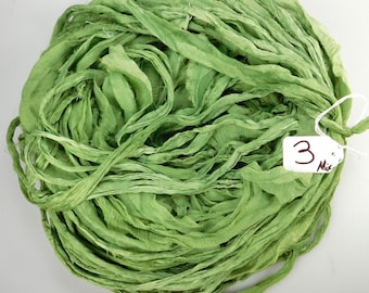 Sari silk Ribbon, Recycled Silk Chiffon Sari Ribbon, green chiffon ribbon, tassel supply, Apple green ribbon, weaving supply, green chiffon