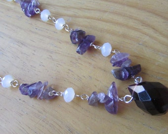 Amethyst Gemstone Chip Necklace with a Huge Faceted Teardrop Dark Amethyst Quartz Necklace