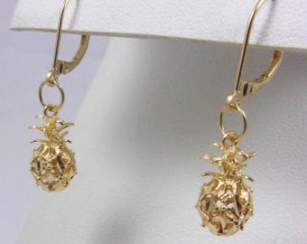 Solid 14K Yellow Gold Diamond Cut Pineapple Leverback Dangle Earrings, 2.1 grams