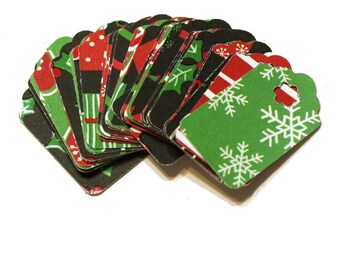 30 Assorted Christmas Gift Tags: Black, Red, and Green with Snowflakes, Mittens, Lights, and Ornament Accents, Holiday Gift Labels, 1 inch