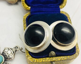 Vintage Onyx Sterling Silver Round Post Earrings- 8.8 g