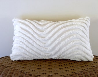 WHITE WAVES 12 x 20 chenille pillow cover, nautical cushion, neutral pillow sham, cottage chic cushion, shabby style porch pillow cover