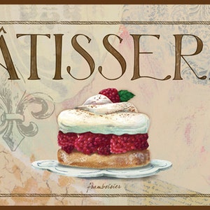 Patisserie IV French wall decor, French kitchen decor, French pastry art,Raspberry Tart,Paris fleur de lis