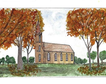 Original Pen and Ink with Watercolor Painting - Country Church Amid Fall Leaves