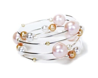 Clearance sale White blush ivory cream and champagne pearl silver spiral memory wire bracelet
