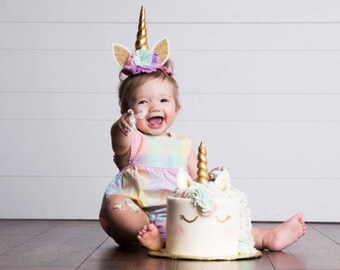 Unicorn headband, pastel colors and gold unicorn headband, unicorn party headband, gold glitter elastic unicorn headband