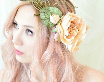 Woodland crown, floral hair wreath, forest flower crown, wedding headpiece, rose circlet, fern crown, hair accessory - Nymphaea
