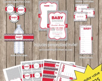 Neutral Baby Shower Red and Grey Chevron Invitation Party Package, gray, neutral baby shower invitation, Printable(PARTIAL INSTANT DOWNLOAD)