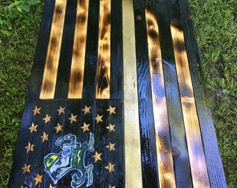 Notre Dame fighting irish wood sports flag, Wood sports flag, Charred and carved wood flag, Wood American Flag, American Flag, Wood team fla