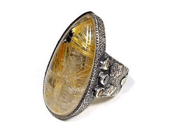 Huge Vintage Gold Rutilated Quartz Gemstone 925 Sterling Silver Ring size 6.5