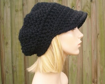 Crochet Hat Women Black Newsboy Hat - Crochet Newsboy Hat in Black - Black Hat Black Beanie Womens Accessories - 34 Color Choices